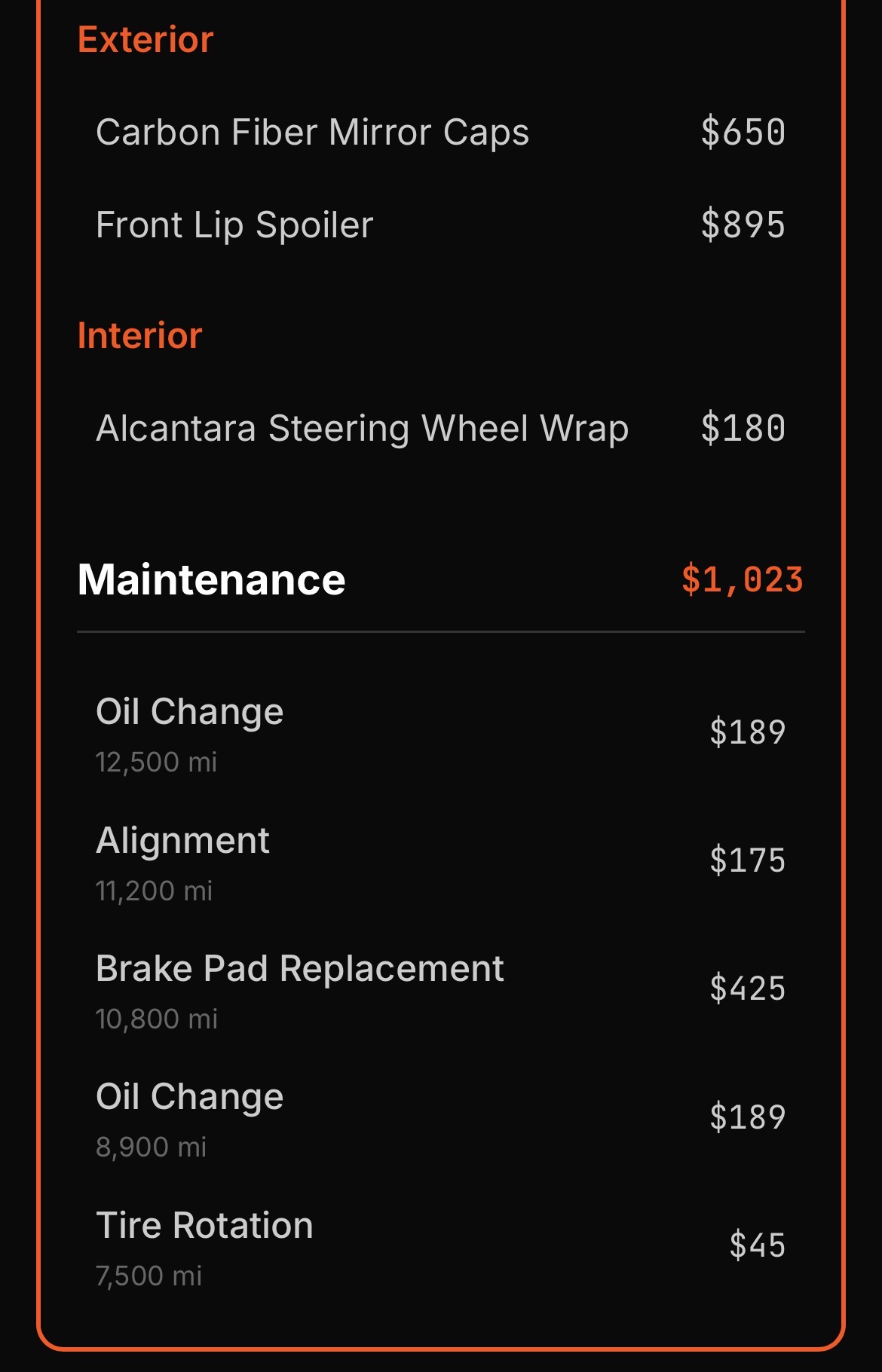 BMW M4 BuildSheet expense log with modification costs